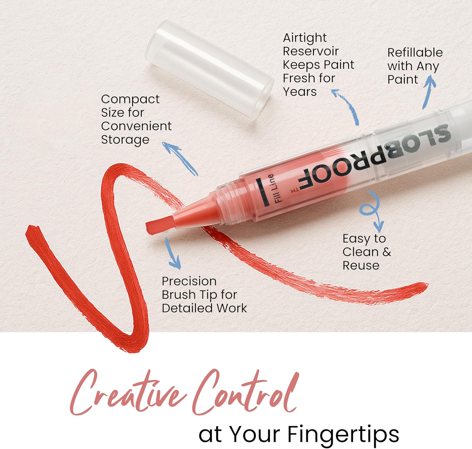 Creative Control at your Fingertips. Compact size for convenient storage, airtight reservoir keeps paint fresh for years, refillable with any paint, easy to clean & reuse, precision brush tip for detailed work.