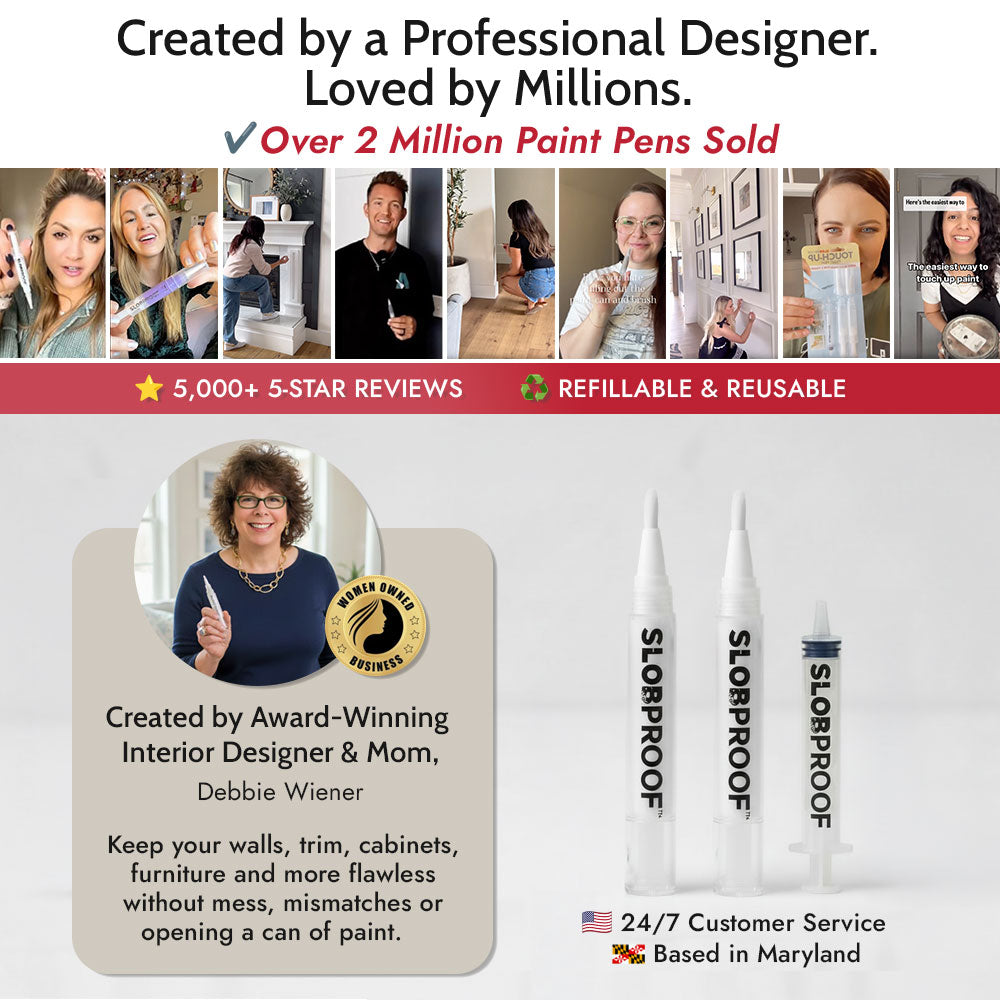 Slobproof Refillable Paint Pens are loved by over 2 million customers with over 5,000 5-star reviews. Created by award-winning interior designer & Mom. Slobproof is a woman-owned business based out of Maryland that provides 24/7 customer support.
