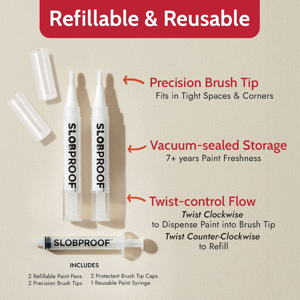 Slobproof refillable paint pens with features highlighted on a beige background