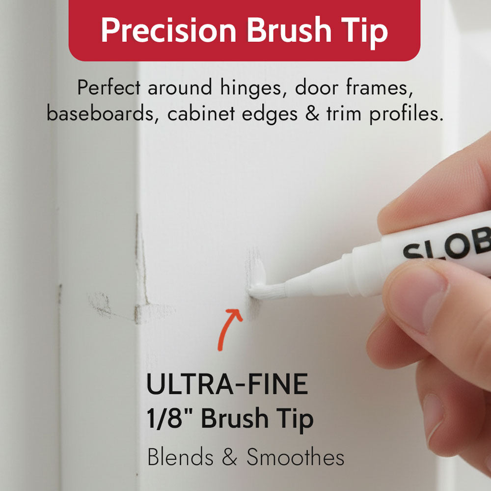 Slobproof refillable paint pens have a precision brush tip that is perfect around hinges, door frames, baseboards, cabinet edges &amp; trim profiles.