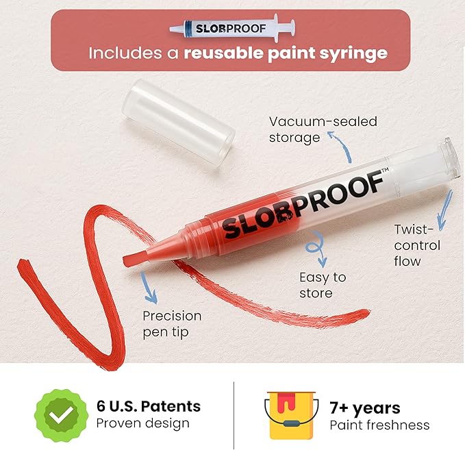 Patented Slobproof Refillable Touch-up Paint Pen includes reusable paint syringe. Keeps paint fresh for 7+ years.