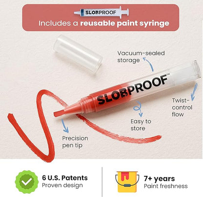 Patented Slobproof Refillable Touch-up Paint Pen includes reusable paint syringe. Keeps paint fresh for 7+ years.
