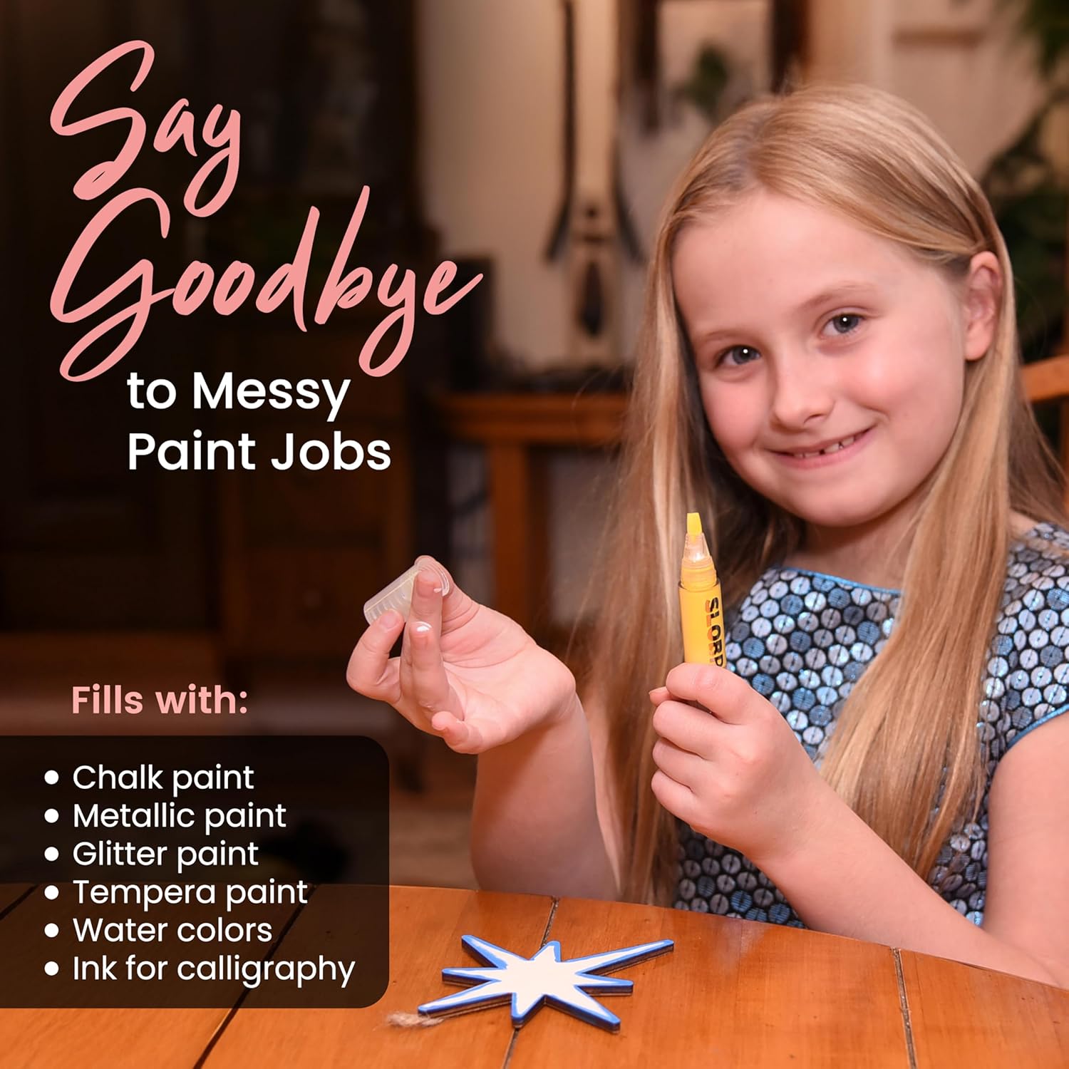 Say Goodbye to Messy Paint Jobs. Fills with chalk paint, metallic paint, glitter paint, tempera paint, water colors, ink for calligraphy.