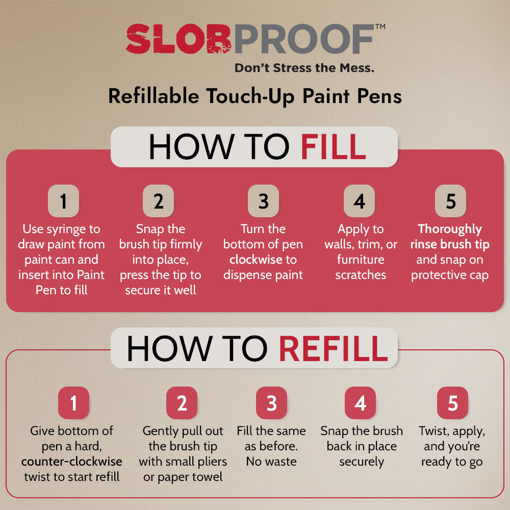 Step-by-step Instructions for How to Fill and How to Refill Slobproof Refillable Touch-up Paint Pens